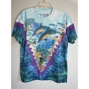 Liquid Blue Y2K Aquatic Sea Life Dolphin Tie Die AOP T Shirt Mens Size Medium